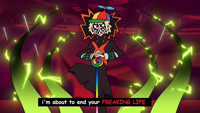 Katsuki Bakugou as Alastor from Hazbin Hotel, saying "i'm about to end your FREAKING LIFE" with the JD Vance helicopter hat and lollipop