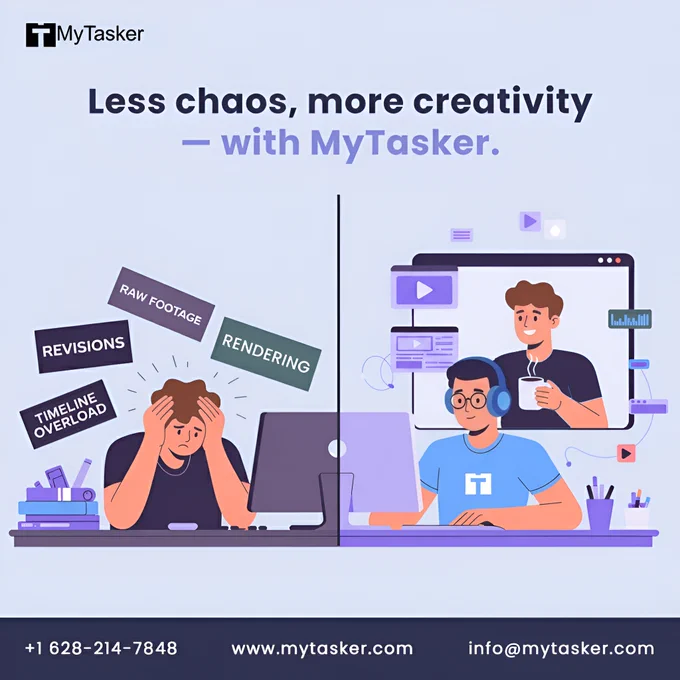 Illustration showing a stressed person on the left trapped by labels like Raw Footage, Rendering, and Timeline Overload, contrasted with a relaxed person on the right enjoying coffee while MyTasker handles the professional video editing. Less chaos, more creativity.