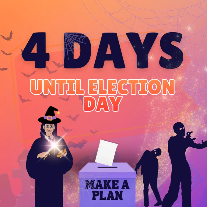  Orange graphic with images of zombies, a ballot box, and a judge wearing a witch hat with text that reads “4 days until Election Day”