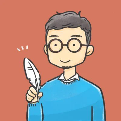 [ja] 天休 ひさしのプロフィールイラスト。ラウンドフレームの眼鏡をかけた人物が、水色の長袖の服を着て、右手に羽根ペンを持っている。背景はオレンジ色。

[en] Profile illustration of Hisashi Tenkyu. A person wearing round glasses and a light blue long-sleeved shirt, holding a quill pen in their right hand. Orange background.