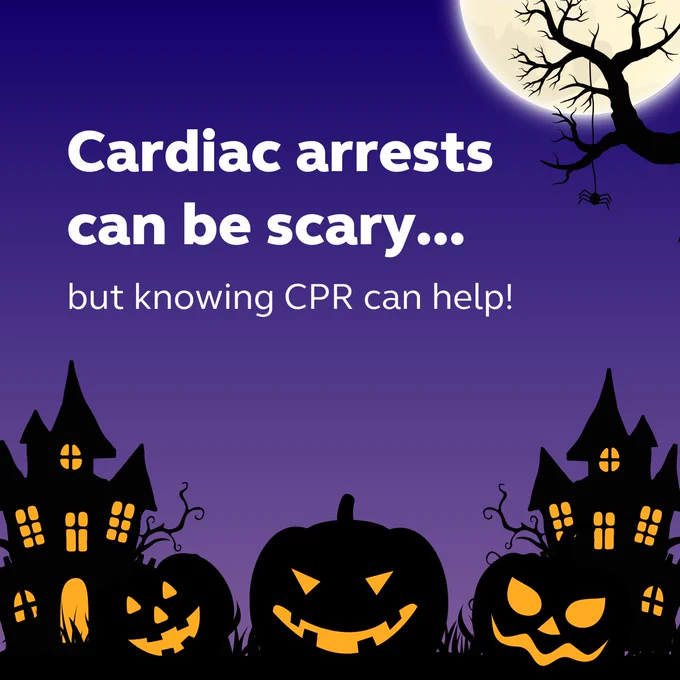 An educational image featuring a Halloween theme with the message 'Cardiac arrests can be scary... but knowing CPR can help!' set against a backdrop of a full moon, haunted houses, and jack-o'-lanterns.