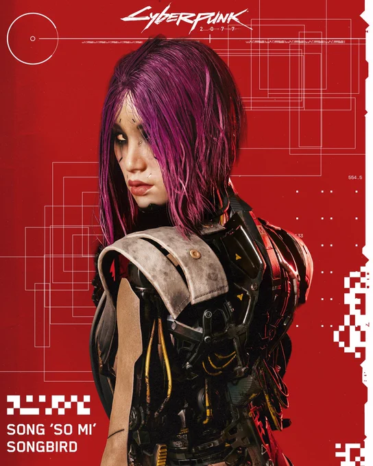 A waist-up portrait of Songbird from Cyberpunk 2077: Phantom Liberty. She looks over her shoulder, the exposed metal cyberware of her back on full display. Her violet bob is stringy and black makeup is streaked around her bloodshot eyes. She poses against a red backdrop with geometric patterns scattered across it. The Cyberpunk 2077 logo is visible in white at the top.