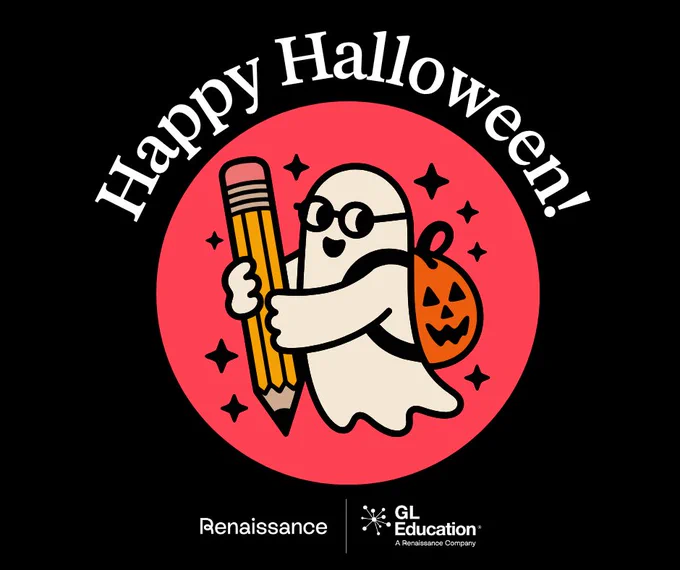 Logo featuring a cartoon ghost holding a pencil, with a pumpkin beside it, against a red backdrop. Text reads 'Happy Halloween!' At the bottom are the logos of Renaissance and GL Education.