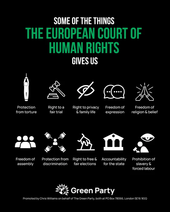 SOME OF THE THINGS THE EUROPEAN COURT OF HUMAN RIGHTS GIVES US
Protection from torture
Right to a fair trial Right to privacy & family life
Freedom of expression
Freedom of religion & belief
Freedom of assembly
Protection from discrimination 
Right to free & fair elections
Accountability for the state
Prohibition of slavery & forced labour
Green Party
Promoted by Chris Williams on behalf of The Green Partv, both at PO Box 78066, London SE16 9GQ
