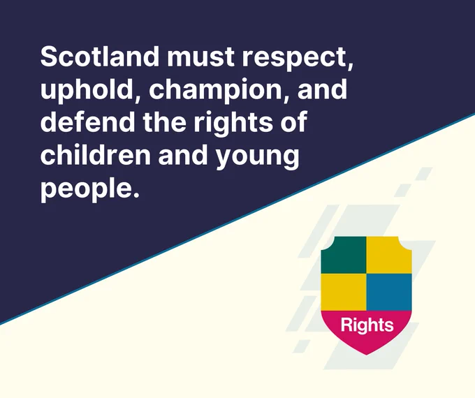 A shield representing rights overlaps a graphical map of Scotland suggesting protecting rights in Scotland. Text above reads "Scotland must respect, uphold, champion, and defend the rights of children and young people. 