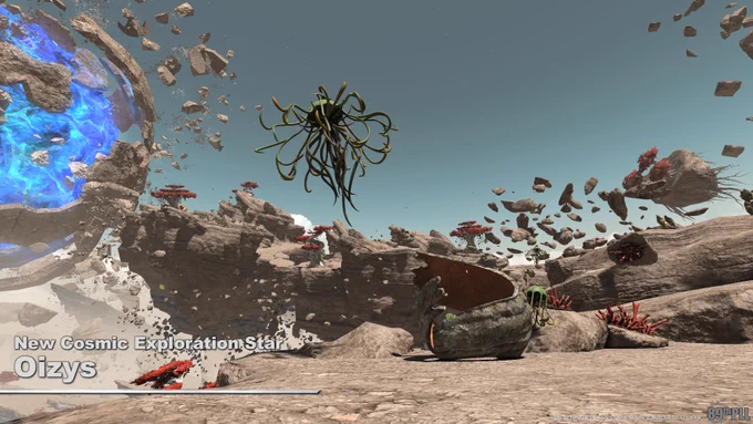 A slide from the Final Fantasy 14 Letter from the Producer Part 89. Slide reads New Cosmic Exploration Star – Oizys. Background screenshot shows a rocky environment sparsely dotted with crimson-colored plants. Debris and vine-like vegetation are seen floating in the air. Disclaimer reads development screenshots are subject to change.