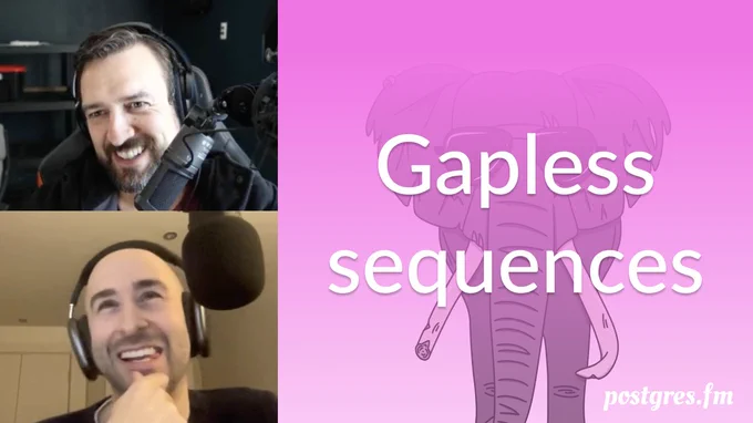 Pictures of Nik and Michael mid-recording, the episode title "Gapless sequences", against a pink backround with an elephant wearing sunglasses.