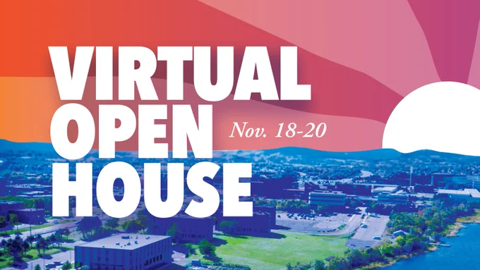 Graphic promoting Memorial University’s Virtual Open House, happening November 18–20. Large white text reads “Virtual Open House” with the date beside it. The background features a stylized sunrise in shades of orange, pink, and purple over an aerial view of the university’s St. John’s campus and nearby pond.