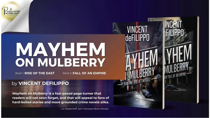 Mayhem On Mulberry By Vincent deFilippo ~ Peek Inside And Giveaway  | via Country Mama with Kids https://buff.ly/RjiPCAk  

October 12 – November 21, 2025 Virtual Book Tour

Praise for Book Two: Fall of an Empire:
“Vincent deFilippo masterfully weaves a tale of power, betrayal, and survival, where every choice cuts deep. With characters who are fierce, flawed, and navigating a world where morality collides with necessity, this isn’t just a story; it’s a riveting, adrenaline rush.” ~ Kathryn Dare, San Francisco Book Review

Don’t Miss Out! Enter Now for Your Chance to Win! This is a giveaway hosted by Partners in Crime Tours for Vincent deFilippo. Void where prohibited. 
MAYHEM ON MULBERRY by Vincent deFilippo [Gift Card] https://buff.ly/v6kwQNI 

Pick up your copies today! Makes a wonderful holiday gift, too. https://geni.us/MayhemOnMulberry1 
https://geni.us/MayhemOnMulberry2

#Giveaway


