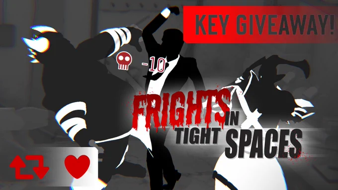 giveaway image.
a screenshot of Frights in Tight Spaces with "key giveaway" on the top left. along with the Frights logo and a retweet and heart logo.