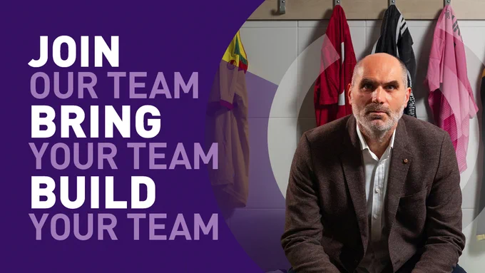 A promotional graphic featuring Loughborough academic Dr Serhat Yilmaz seated in front of a row of colourful sports jerseys hanging on hooks. The left side of the image has a large purple section with bold white and light purple text that reads: “JOIN OUR TEAM, BRING YOUR TEAM, BUILD YOUR TEAM.” The background includes a locker room setting with wooden panels and tiled walls.