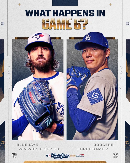 What happens in Game 6?
Blue Jays win World Series
Dodgers force Game 7
World Series 2025 Presented by Capital One
Pictured: (Left) Kevin Gausman in a white Blue Jays jersey and a blue and white cap.
(Right) Yoshinobu Yamamoto in a gray Dodgers jersey and a blue cap. They both stand with their gloves up set to throw a pitch.