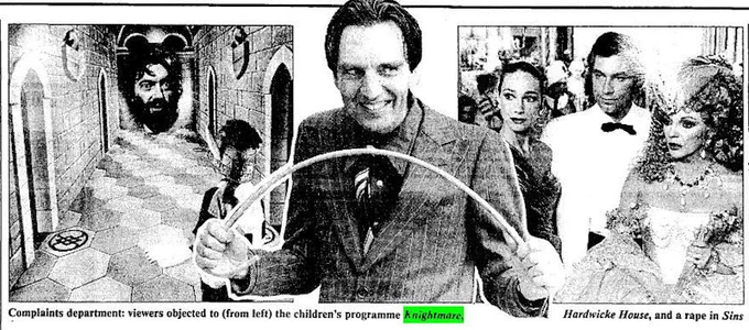 A banner from an item in The Times, featuring a graphic from Knightmare, Hardwicke Hourse and Sins. Text reads: "Complaints department: viewers objected to (from left) the children's programme Knightmare, Hardwicke House and a rape in Sins".