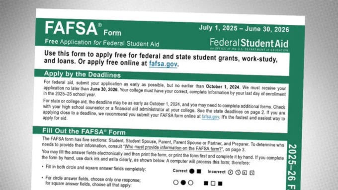 The FAFSA form for 2025–26, with some parts of the form in green.