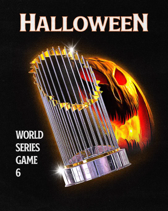 Halloween hype graphic
A poster based on the one from the movie "Halloween"
World Series Game 6
Pictured: A lit-up jack-o-lantern with a World Series trophy next to it.