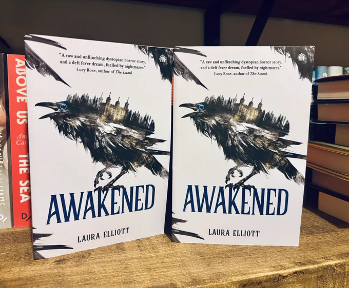 Two of Laura’s books, Awakened, standing up on a bookshelf. The cover features a creepy raven with a yellow eye bearing the Tower of London on its back