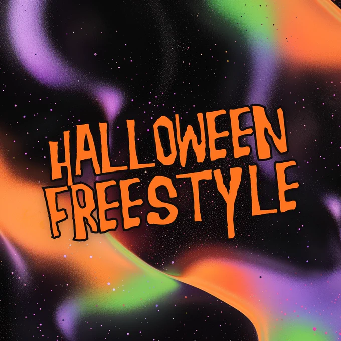 The words “Halloween Freestyle” in orange text across a multi colored space background.