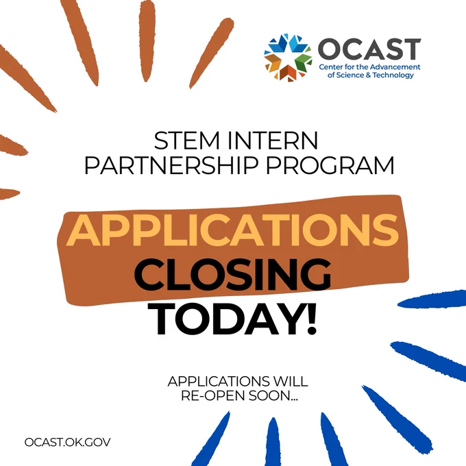 🚨 Deadline tonight! OCAST STEM Intern Partnership applications close at 11:59 pm CST. Do not miss this opportunity to connect Oklahoma businesses with top STEM talent.

👉 Apply now: https://loom.ly/wftY1FM