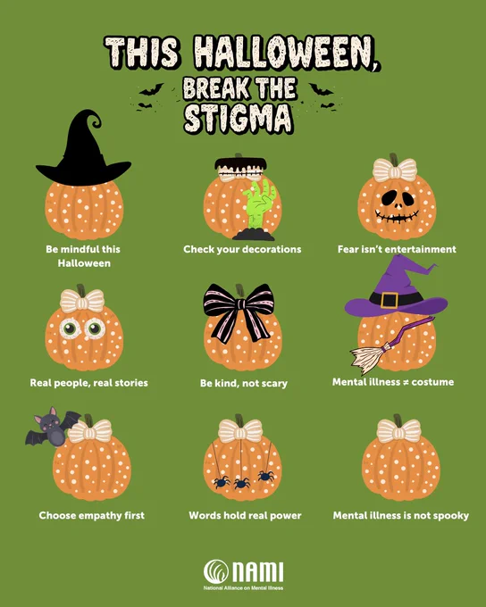 Portrait sized image with a green background, and three rows with three small pumpkins in each row, each pumpkin decorated with a variety of halloween-themed decorations: a witch hat,  a bat, spiderwebs. Below each pumpkin are the following words in small font underneath each pumpkin

- be mindful this halloween
- check your decorations
- fear isnt' entertainment
- real people, real stories
- mental illness is not a costume
- choose empathy first
- words hold real power
- mental illness is not spook