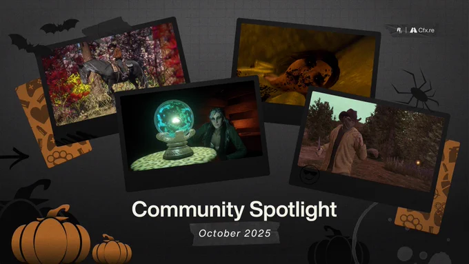 Rockstar Games and Cfx.re Community Spotlight poster with images featuring various scenes from GTAV and Red Dead Redemption 2. Text reads: "Community Spotlight. October 2025"