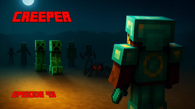 Under a full moon, Mauvais faces a wave of creepers, skeletons, and spiders — his diamond armor glowing faintly in the desert night.
