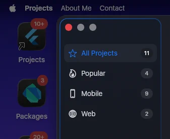 Flutter Web portfolio styled like macOS, showing project categories in a native sidebar layout.