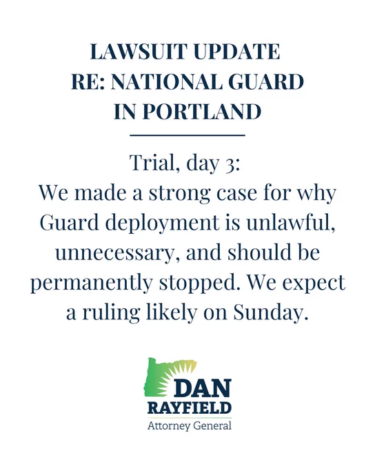 Trial, day 3: 
We made a strong case for why Guard deployment is unlawful, unnecessary, and should be permanently stopped. We expect a ruling likely on Sunday.