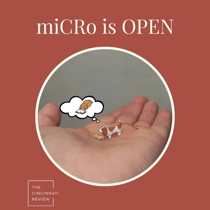 A miniature basset hound stands in front of a miniature bone in the middle of a palm of a hand. A thought bubble with a drawing of a dog reading a book hovers above its head.