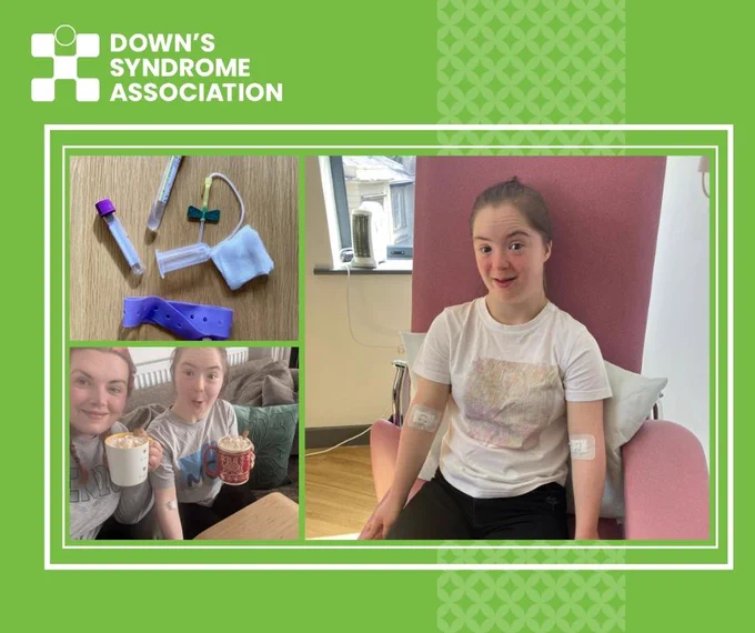 Natty is pictured just after having her blood test and is then pictured enjoying a nice hot chocolate with Helen after. There is also an image of a blood desensitisation kit