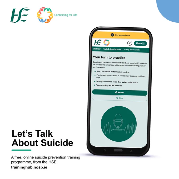 The Let's Talk About Suicide website on a phone. The text says 'a free, online suicide prevention training programme, from the HSE'. 