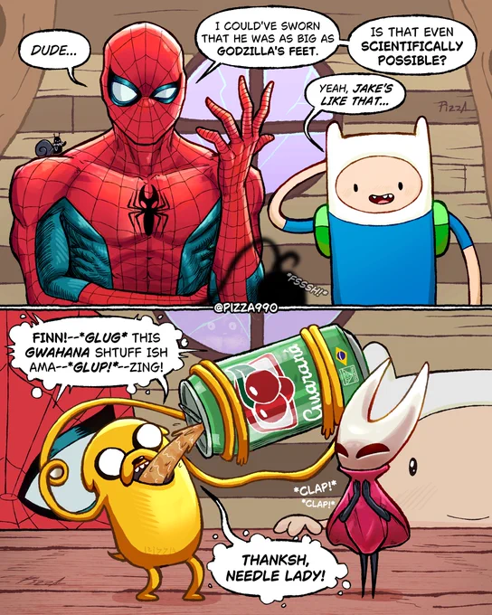 While Spider-Man questions Jake about changing his size, Jake is just enjoying the Guarana drink Hornet offered him.