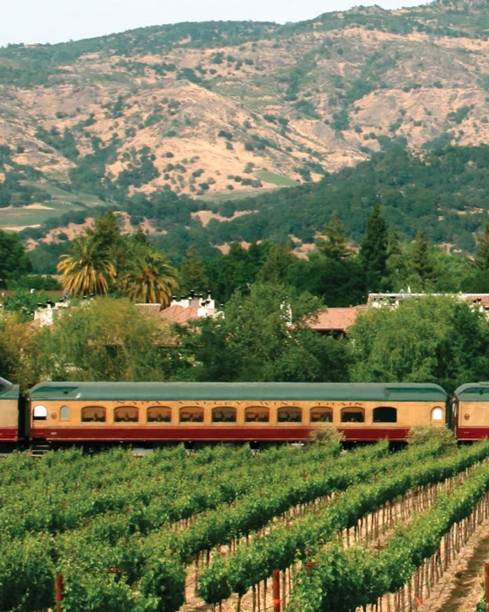 A Napa Valley Wine Train traveling through lush vineyards with mountains in the background.