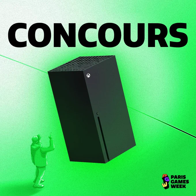Illustration verte avec le mot « CONCOURS » en grand et une Xbox Series X flottant au centre. En bas, une personne lève la main vers la console, et le logo Paris Games Week apparaît dans le coin inférieur droit.