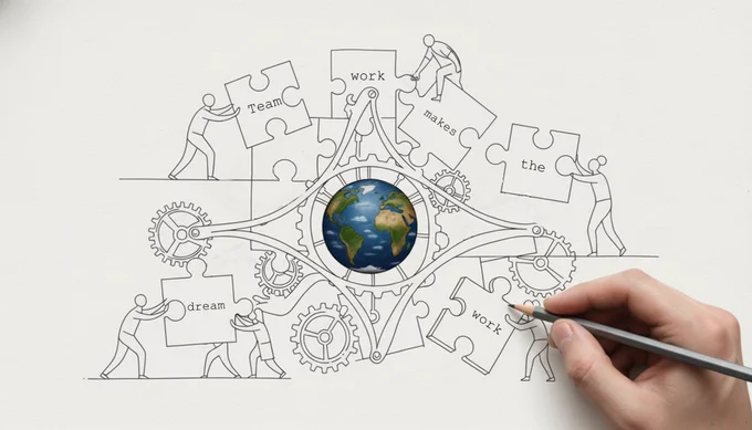 "Building with people" - A conceptual sketch illustrating teamwork. Small, drawn figures work together to fit large puzzle pieces into a complex machine. The puzzle pieces spell out "Team work makes the dream work." At the very center of the intricate machine is a colorful, realistic globe of the Earth.
