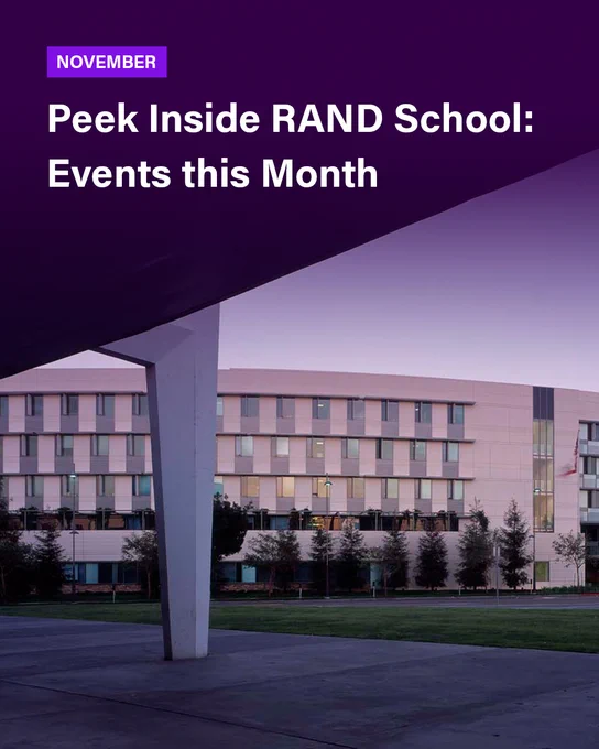A photo of the RAND campus at sunset under a purple gradient. On the top of the image text reads: NOVEMBER Peek Inside RAND School: Events this Month