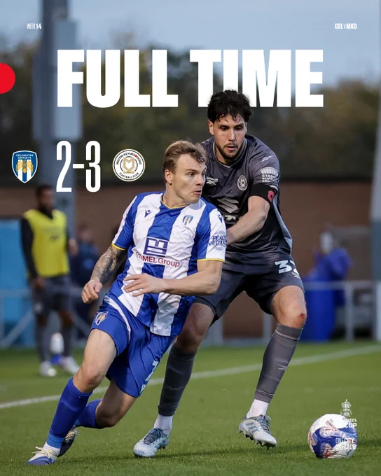 Full-time graphic featuring an image of Jack Sanders. Colchester United 2-3 MK Dons!