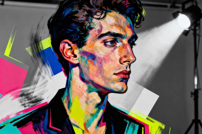 A vibrant digital portrait of a person in a stylish jacket, surrounded by colorful abstract shapes and a spotlight illuminating the scene.