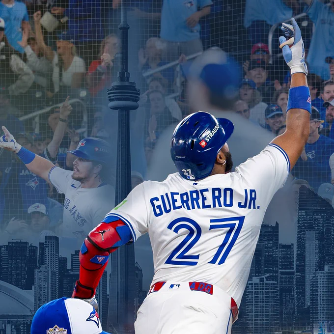 A collage featuring the CN Tower and Blue Jays fans in the background, with Vladimir Guerrero Jr. and Addison Barger in the foreground. 