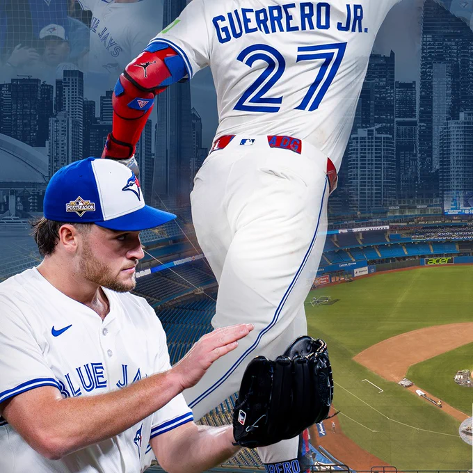 A collage featuring the Rogers Centre stadium, with Vladimir Guerrero Jr. and Trey Yesavage in the foreground.