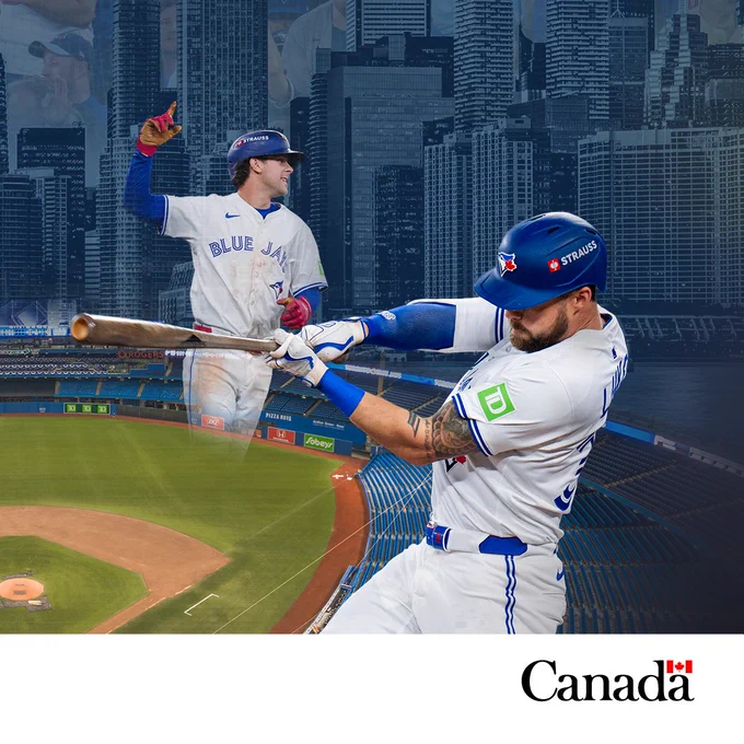 A collage featuring the Rogers Centre stadium in the background, with Nathan Lukes batting in the foreground.