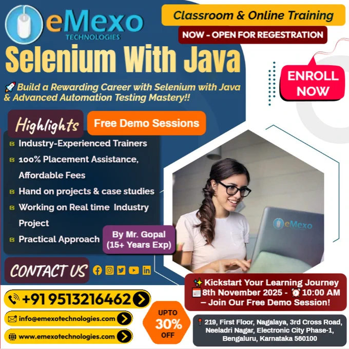 Software Testing Training in Electronic City, Bangalore 💻 – eMexo Technologies!
Calling All Future QA Professionals!
Ready to kickstart your career in Software Testing, Quality Assurance, and Test Automation? Whether you’re a fresher or a working professional, eMexo Technologies is your trusted destination to master Software Testing in Electronic City, Bangalore.
🎯Why Choose eMexo Technologies for Software Testing Training in Electronic City, Bangalore?
🧪Comprehensive Testing Curriculum
Gain expertise in Manual Testing, Automation Testing (Selenium, Playwright), API Testing, and Mobile App Testing — along with SDLC, STLC, Agile Methodologies, and Bug Tracking Tools like Jira.
👨‍🏫Expert Trainers
Learn from Industry Professionals with 10  years of experience in QA, Test Automation, and Software Development.
🧑‍💻Flexible Learning Options
Choose between Online or Classroom Training in Bangalore — learn at your own pace and convenience.
🎉Limited-Time Offer: 30% OFF! Enroll today !