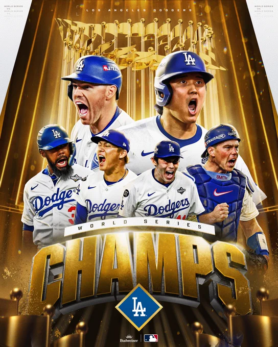 Los Angeles Dodgers
2025 World Series Champions
Pictured: Cutouts of Freddie Freeman, Shohei Ohtani, Teoscar Hernández, Yoshinobu Yamamoto, Roki Sasaki, and Will Smith wearing white Los Angeles Dodgers jerseys.