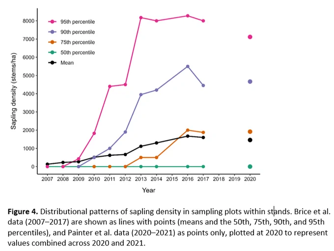 Line chart showing Yellowstone aspen sapling density from 2007–2021. Median and 75th-percentile lines stay near zero, while only the upper percentiles (90th and 95th) rise sharply—indicating gains in just a few plots.