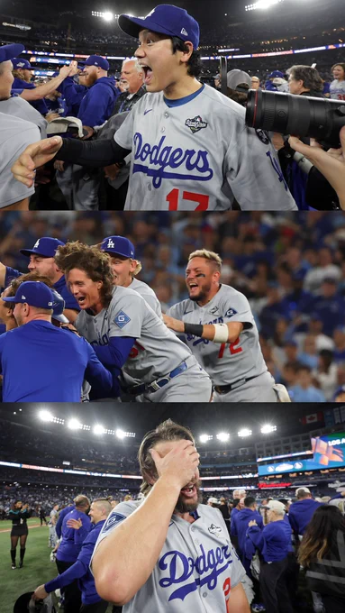 An assortment of pictures of the Los Angeles Dodgers celebrating their 2025 World Series title.
