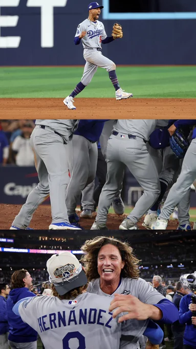 An assortment of pictures of the Los Angeles Dodgers celebrating their 2025 World Series title.