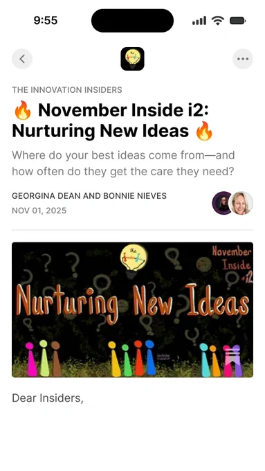Digital screenshot of The Innovation Insiders Substack post on a mobile device. The post is titled '🔥 November Inside i2: Nurturing New Ideas 🔥' and shows the header illustration by i2 co-founder, Georgina Dean © Redefine Training & Education. The authors are listed as Georgina Dean and Bonnie Nieves, dated NOV 01, 2025.