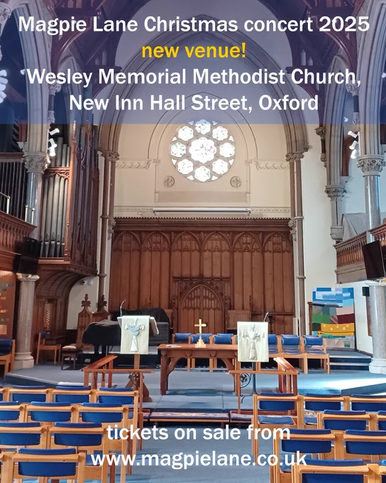 Poster advertising the band's Christmas concert in the Wesley Memorial Church in Oxford, showing the interior of the church.
