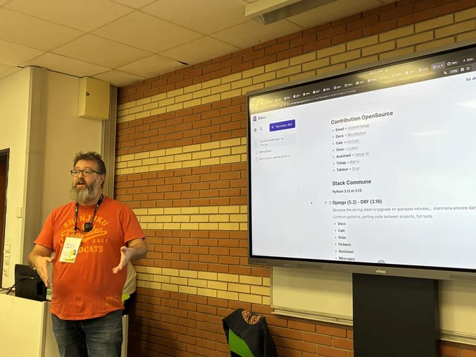 Manu lists the technologies in use across the different apps with Django as a common foundation