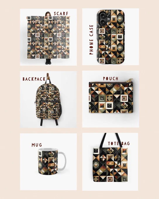 A geometric pattern with repeating squares and triangles in shades of brown, beige and black. The design is shown on a scarf, phone case, backpack, pouch, mug and tote bag, all arranged on a light background to clearly display each product.