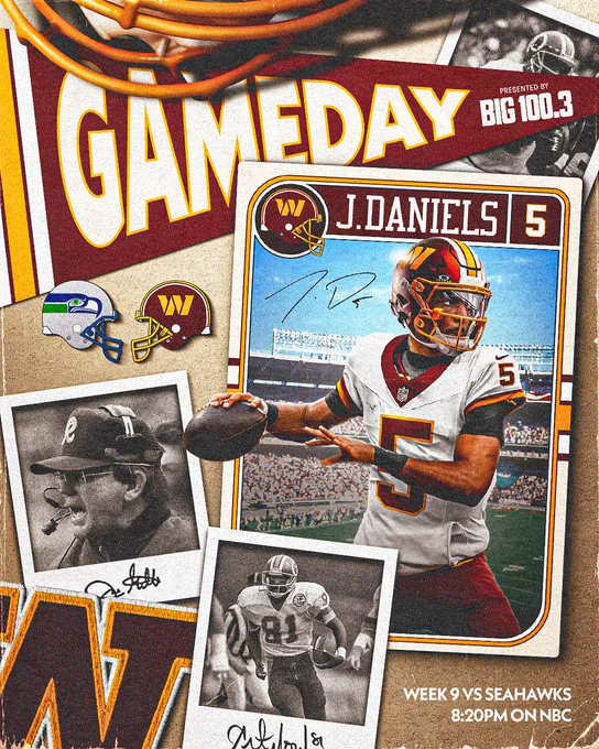 Graphic. It features a pennant that says "GAMEDAY" on it, as well as a Jayden Daniels trading card and other old photos. Jayden is in the Super Bowl Era alternate uniform. The bottom of the graphic has the game details: Week 9 vs. Seahawks, 8:20pm on NBC.